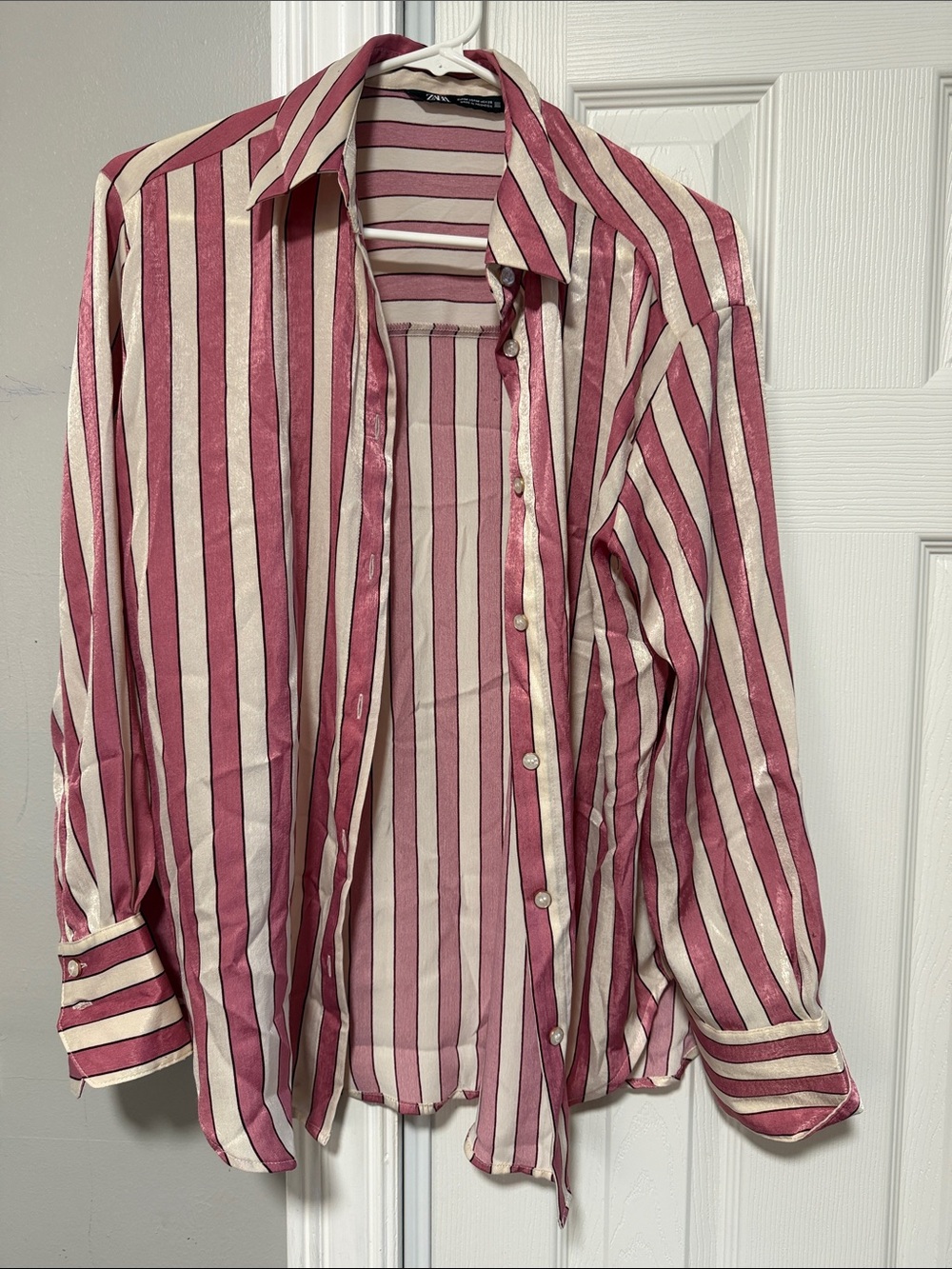 Zara satin effect Striped Long-Sleeve Shirt - Pink & Cream